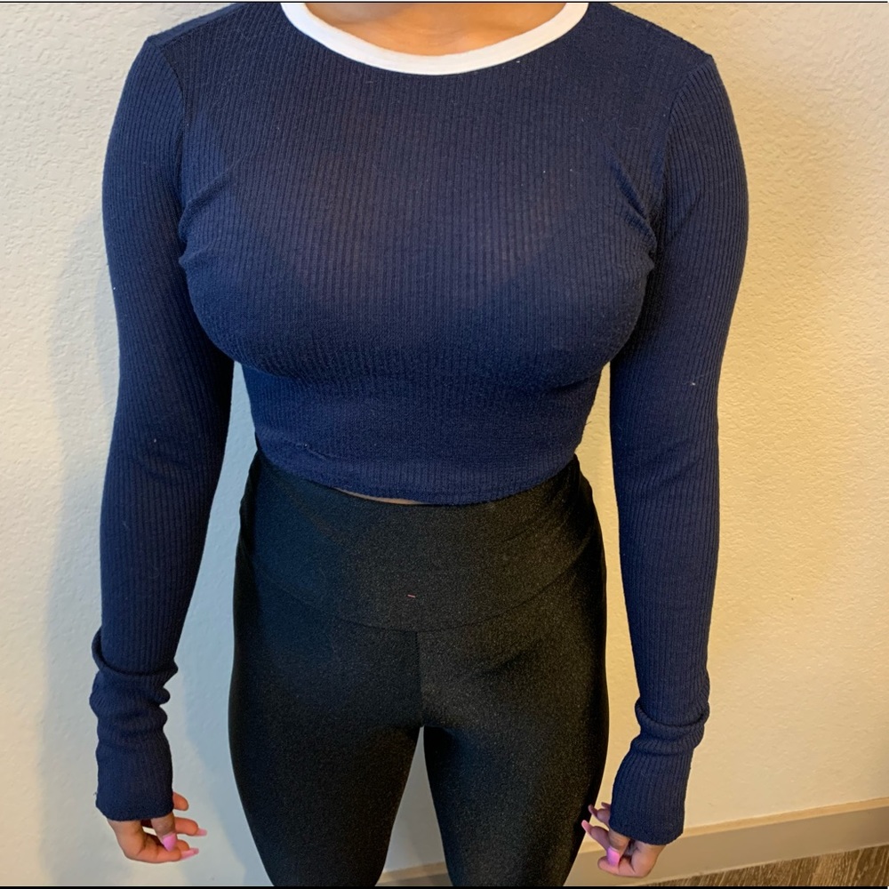 Navy Blue Long Sleeve Crop Top.